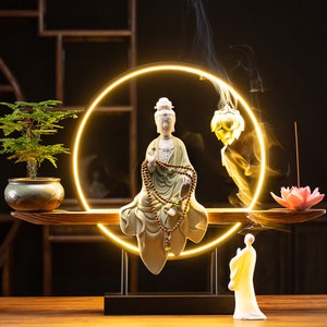 Porcelain Guan Yin Statue Decorative Set with LED light | Buddha Statue | Kuan Yin Quan Yin | Meditation | Home Decoration | Incense Burner