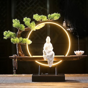 Porcelain Guan Yin Statue Decorative Set with LED light | Buddha Statue | Kuan Yin Quan Yin | Meditation | Home Decoration | Incense Burner