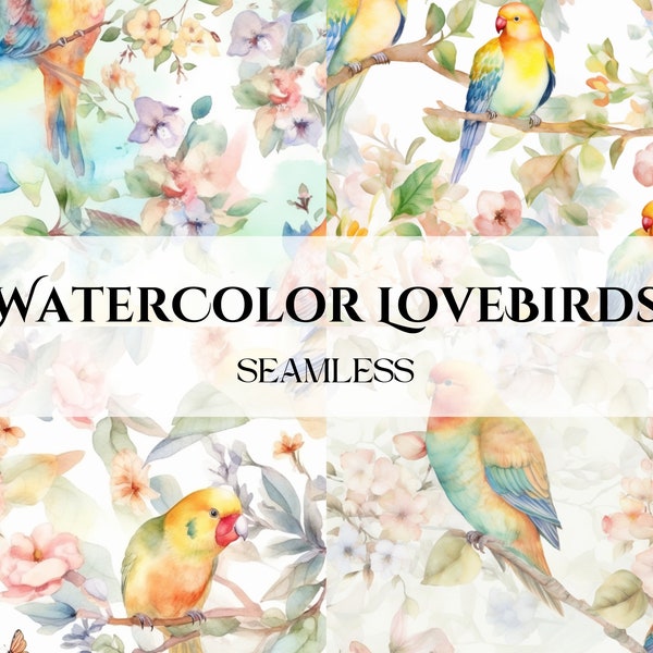 Lovebirds Digital Paper - SEAMLESS - Hand Drawn Watercolor Lovebird Patterns - 4 Designs - 12x12in - Commercial Use - Beatrix Potter Style