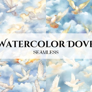 Peut inclure: Un motif sans couture représentant des colombes blanches volant dans un ciel bleu avec des nuages blancs. Les colombes sont peintes dans un style aquarelle, ce qui leur donne un aspect doux et éthéré. Le motif est parfait pour ajouter une touche de paix et de sérénité à tout projet.
