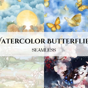 Peut inclure: Un collage numérique de quatre motifs sans couture représentant des papillons aquarelle dans différentes couleurs et poses. Les motifs comprennent un ciel bleu avec des nuages, une prairie verte, un arrangement de fleurs blanches et un fond bleu foncé avec des fleurs blanches.