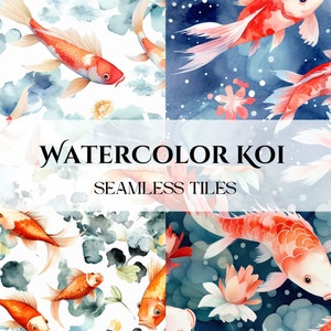 Könnte beinhalten: Nahtlose Fliesenmuster in Aquarell mit roten und weißen Koi-Fischen, die in blauem und weißem Wasser mit Blumen schwimmen. Der Text "WATERCOLOR KOI SEAMLESS TILES" wird in der Mitte des Bildes angezeigt.