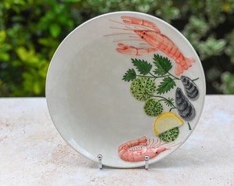 RC Real Ceramics Portugal Seafood Majolica Plate Vintage, Made in Portugal, Seafood Lobster Shrimp Clams Lemon Parsley, Raised Decoration