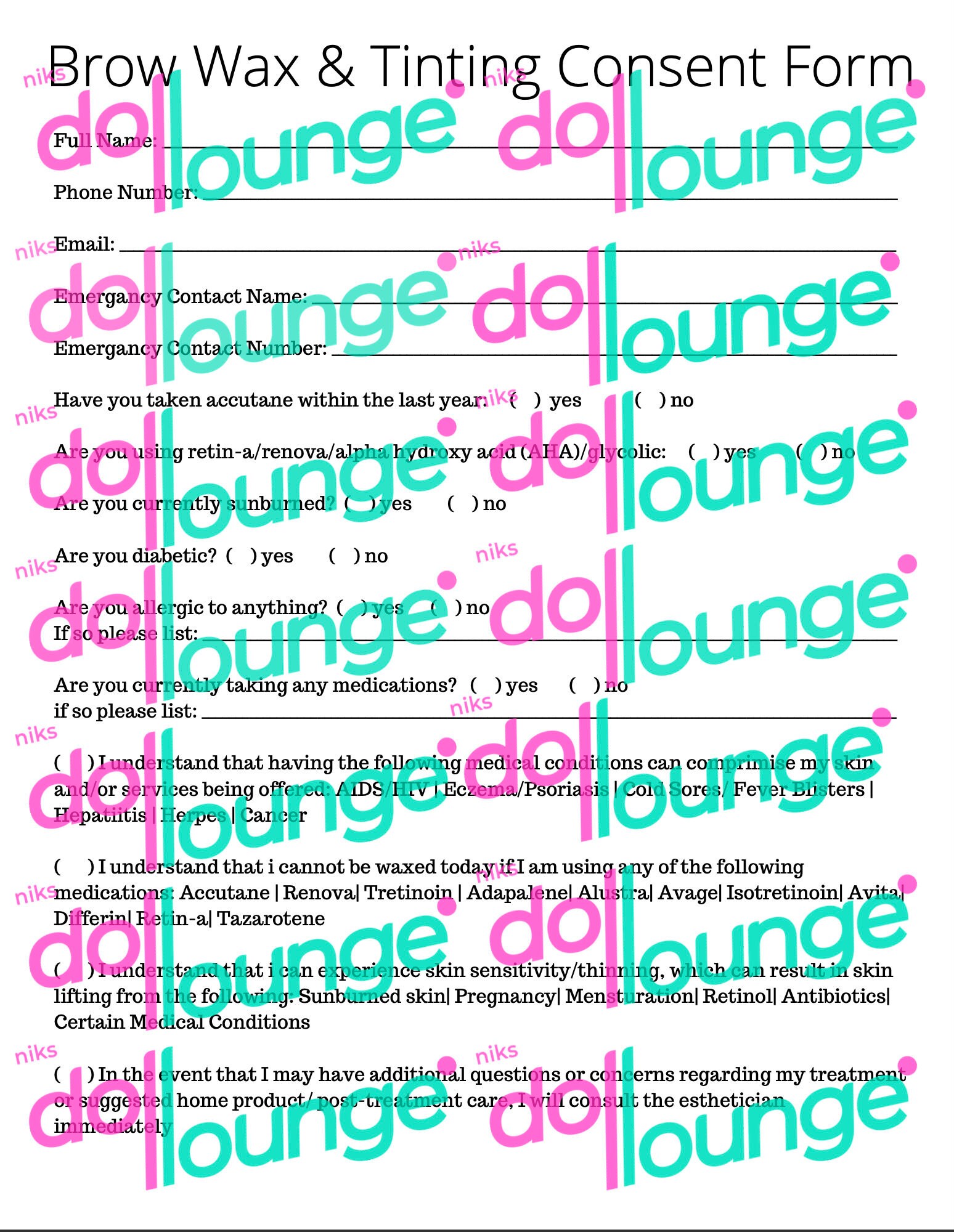 Brow Waxing and Tinting Consent Form Etsy