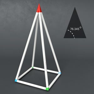 May include: A white pyramid made of four connected tubes with a red top. The pyramid has a square base. A black triangle with a dashed line and the text "76.345°" is in the background.