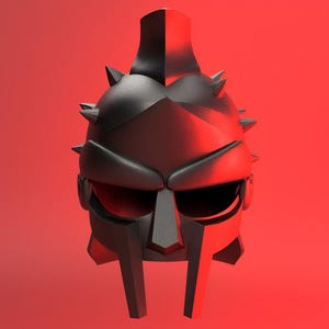 Może przedstawiać: Czarny hełm gladiatora z kolczastym grzebieniem i maską na twarz. Hełm ma ciemne, metaliczne wykończenie i groźny wygląd.