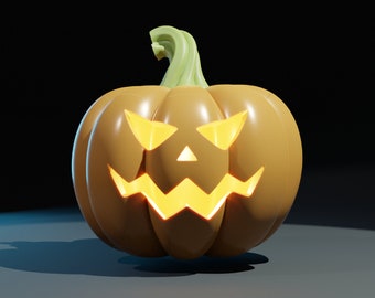 Może przedstawiać: Rzeźbiona pomarańczowa dynia z podświetloną twarzą jack-o'-lantern. Dynia ma zieloną łodygę i stoi na ciemnym tle.