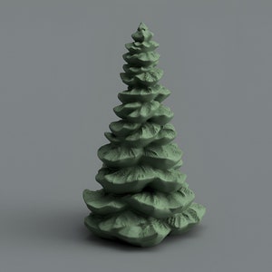 Op de afbeelding: Een groene, gestileerde, 3D-geprinte dennenboom met een textuur.