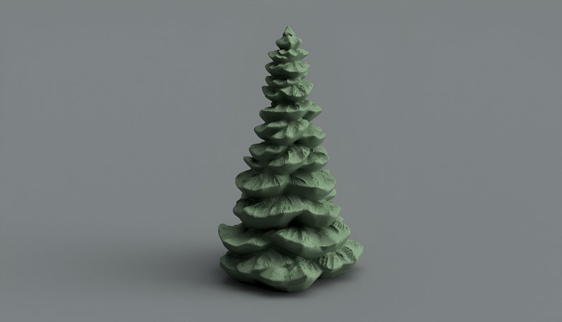 Op de afbeelding: Een groene, gestileerde, 3D-geprinte dennenboom met een textuur.