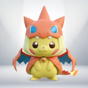 May include: A yellow Pikachu Pokemon figure wearing a red and orange Charizard costume with blue wings and a tail with a flame tip.