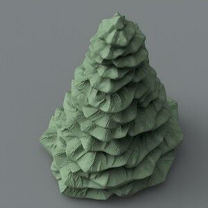 Op de afbeelding: Een groen, gestileerd, 3D-geprint model van een dennenboom met een gelaagd, textuurontwerp.