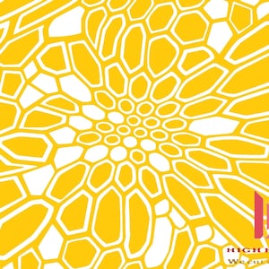 May include: Yellow and white abstract floral design. The image features a repeating pattern of geometric shapes in yellow with white outlines, resembling a flower. The text "HIGH HEAT VINYL" and "We cut it, you cook it!" is in the bottom right corner.
