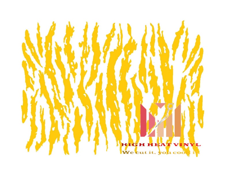 May include: Yellow heat transfer vinyl with a tiger stripe pattern. The image includes the text "HIGH HEAT VINYL" and "We cut it, you cook it."