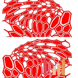 May include: Two red and white honeycomb-patterned vinyl decals. The decals are in a curved shape, with a series of red, irregular hexagons and other shapes outlined in white. The text "HIGH HEAT VINYL" and "We cut it, you cook it!" are also visible.