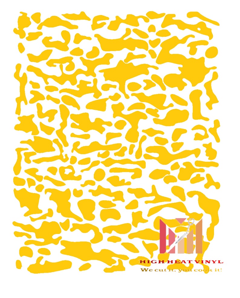 Puede incluir: Patr&oacute;n abstracto amarillo sobre fondo blanco. El dise&ntilde;o presenta formas org&aacute;nicas irregulares en un tono amarillo vibrante. La imagen incluye el texto "HIGH HEAT VINYL" y "We cut it, you cook it!"