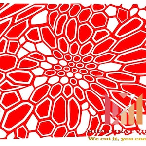 May include: Red and white abstract design with a honeycomb pattern. The design is composed of red shapes outlined in white, creating a dynamic visual effect. The text "HIGH HEAT VINYL" and "We cut it, you cook it!" are at the bottom.