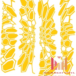 May include: A white background with four vertical yellow and white honeycomb-like patterns. The text "HIGH HEAT VINYL" and "We cut it. you cook it!" are in the lower right corner. The image is likely for a heat transfer vinyl product.