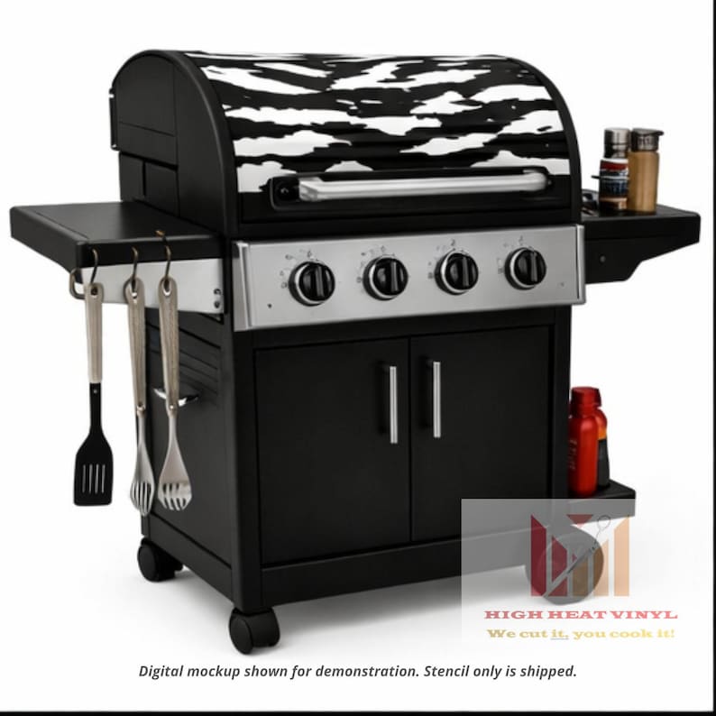 May include: A black and silver gas grill with a zebra print lid. The grill has four control knobs, a side shelf, and a lower cabinet. Includes grilling utensils and accessories.