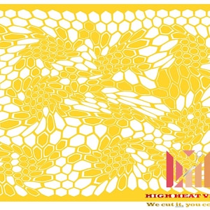 May include: Yellow heat transfer vinyl sheet with a white honeycomb pattern. The sheet has a wavy design and the text "HIGH HEAT VINYL" and "We cut it, you cook it!" in the bottom right corner.