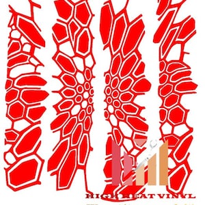 May include: Red and white graphic design featuring four vertical columns with a honeycomb-like pattern. The text "HIGH HEAT VINYL" and "We cut it, you cook it!" are at the bottom. The design is on a white background.