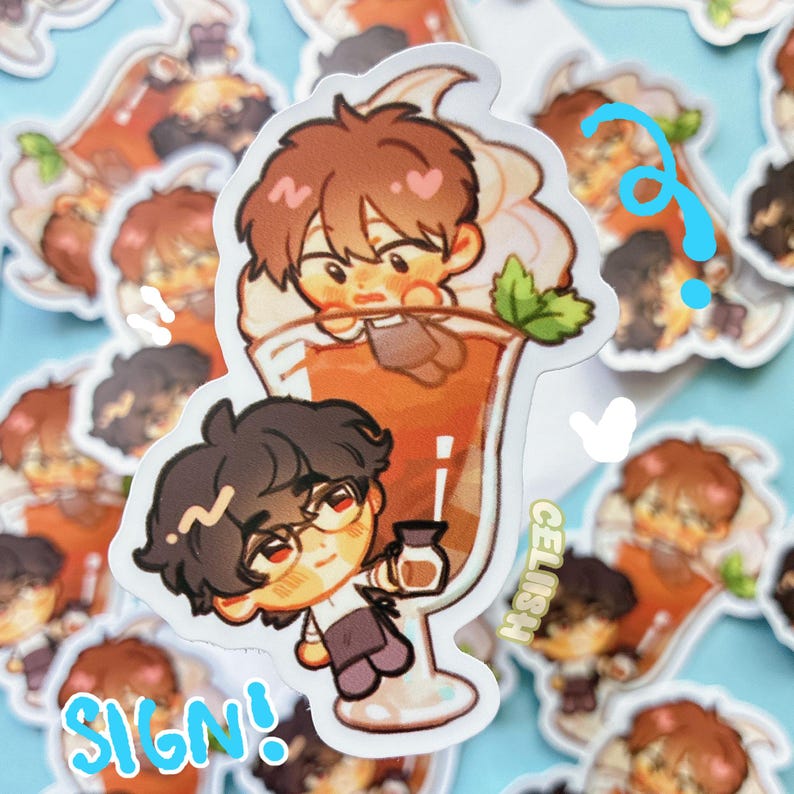 May include: A sticker featuring two cartoon characters with brown hair, one inside a drink and the other holding a small bottle. The drink is in a tall glass with whipped cream and a mint leaf. The word "SIGN!" is written in blue, and "CELISH" is written in green.