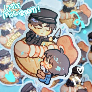 May include: A sticker featuring two cartoon characters, one in a black suit and hat holding a knife, and another in overalls. The sticker has the text "Little Mushroom!" and "CELIISH" in a whimsical font, with a light blue background.