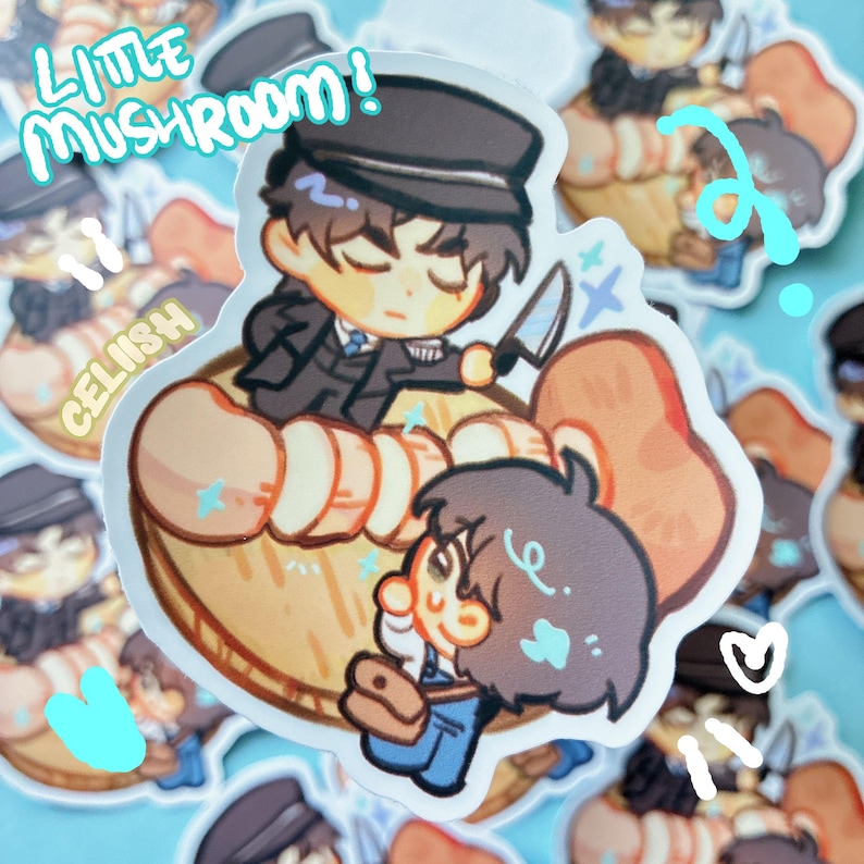 May include: A sticker featuring two cartoon characters, one in a black suit and hat holding a knife, and another in overalls. The sticker has the text "Little Mushroom!" and "CELIISH" in a whimsical font, with a light blue background.