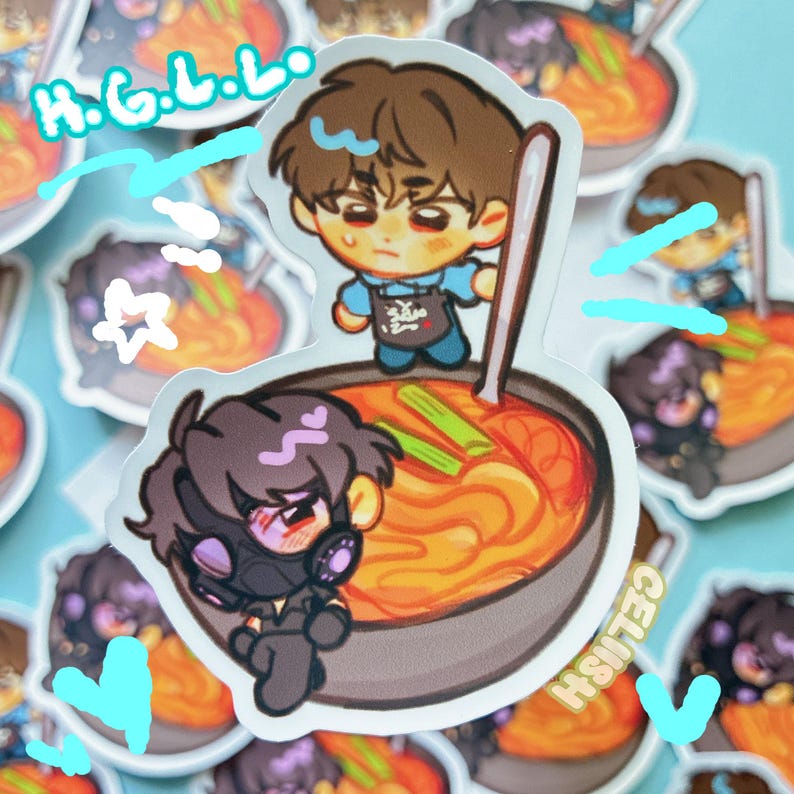 May include: A sticker featuring two cartoon characters with brown hair and a bowl of ramen. One character wears a gas mask, and the other wears an apron. The sticker has the text "H.G.L.L." and "CELISH".