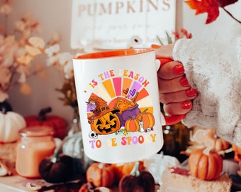 レトロなハロウィンかぼちゃの不気味なコーヒーマグ、ゴシックハロウィンマグ、ハロウィンカップ、ゴーストコーヒーカップ、秋のコーヒーマグ、秋のマグ、魔女マグ