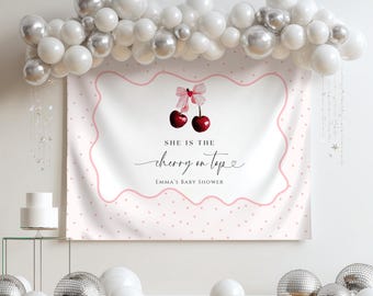 Cherry Baby Shower Backdrop, Cherry on top Backdrop, Coquette Pink Bow Berries, Girl Baby Shower, Baby Shower Backdrop, C4