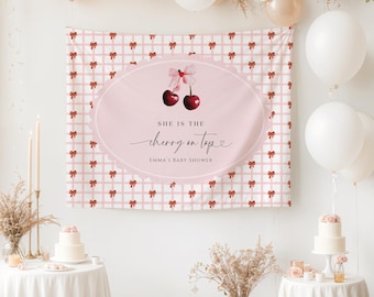 Cherry Baby Shower Backdrop, Cherry on top Backdrop, Coquette Pink Bow Berries, Girl Baby Shower, Baby Shower Backdrop, C1