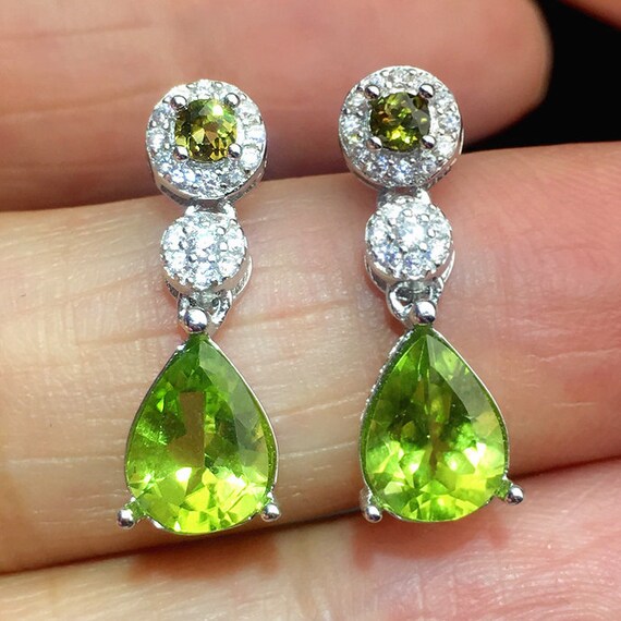 Natural Peridot Earrings Birthstone Earrings White Gold Plated