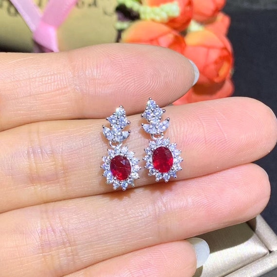 Colourful 18K White Gold Natural Ruby Cluster Diamond Vintage Earrings -  Ruby Lane