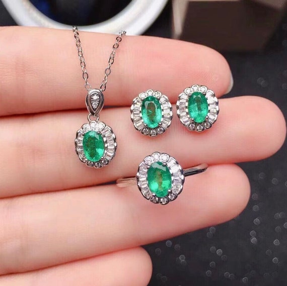 Natural Emerald Ring Pendant Necklace Earrings Emerald Jewelry