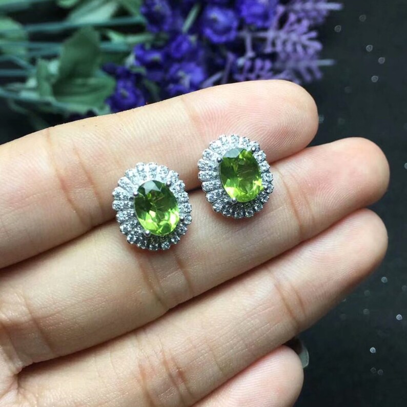 Natural Peridot Jewelry Set Natural Peridot Ring Pendant Earrings White Gold Plated S925 Sterling Silver Peridot Jewelry Set
