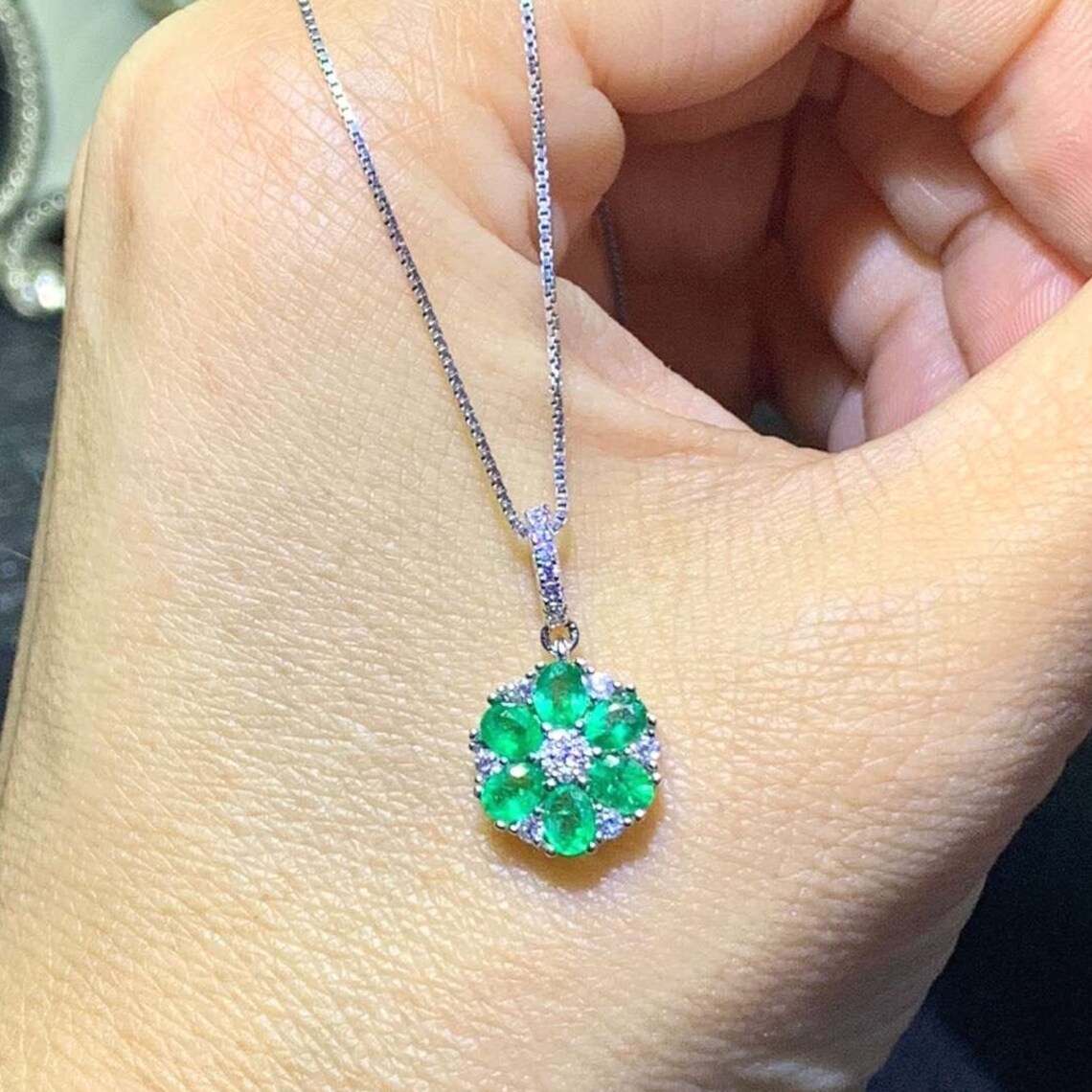 Natural Emerald Pendant / Birthstone Necklace / White Gold Etsy