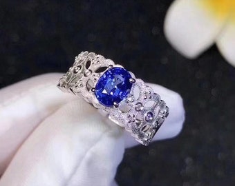 Natural Sapphire Ring / Sapphire Jewelry / White Gold Plated S925 Sterling Silver Sapphire Ring / Blue Sapphire Ring / Gifts For Her