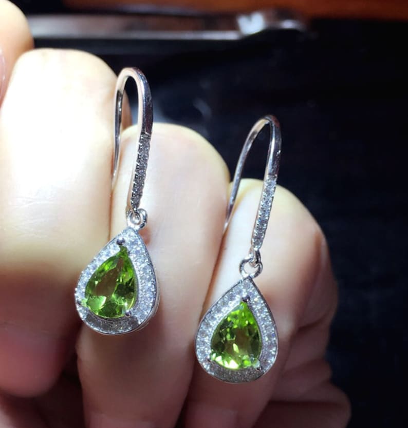 Natural Peridot Earrings Birthstone Earrings White Gold Plated S925 Sterling Silver Peridot Earrings Natural Peridot Jewelry