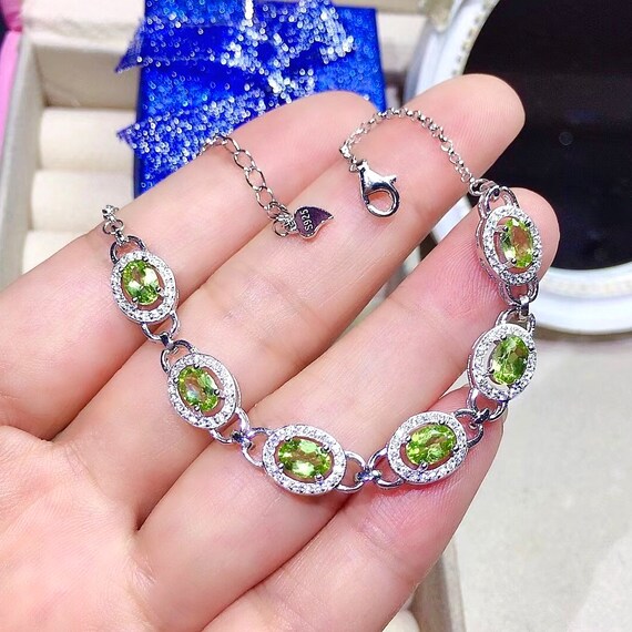 Natural Peridot Bracelet Birthstone Bracelet White Gold Plated