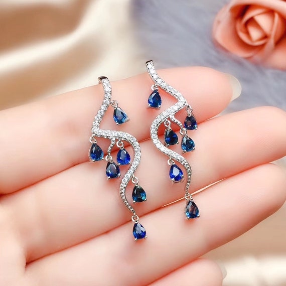 Natural Sapphire Earrings / Sapphire Jewelry / White Gold Plated