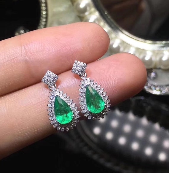 Natural Emerald Earrings / Emerald Jewelry / White Gold Plated