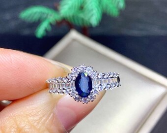 Natural Sapphire Ring / Sapphire Jewelry / White Gold Plated S925 Sterling Silver Sapphire Ring / Blue Sapphire Ring / Gifts For Her