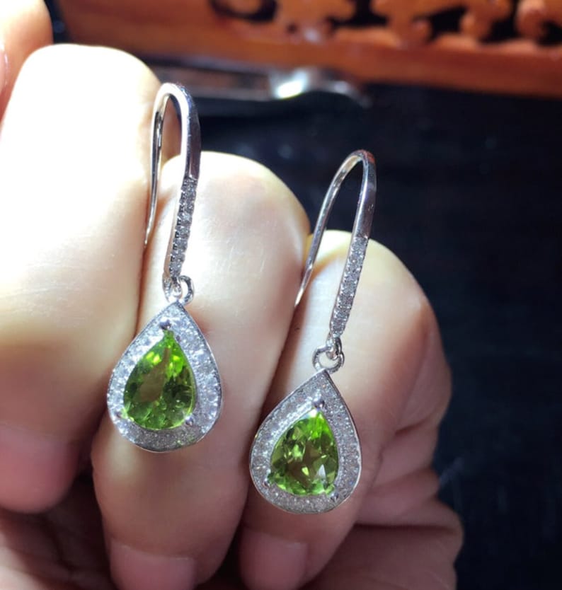 Natural Peridot Earrings Birthstone Earrings White Gold Plated S925 Sterling Silver Peridot Earrings Natural Peridot Jewelry