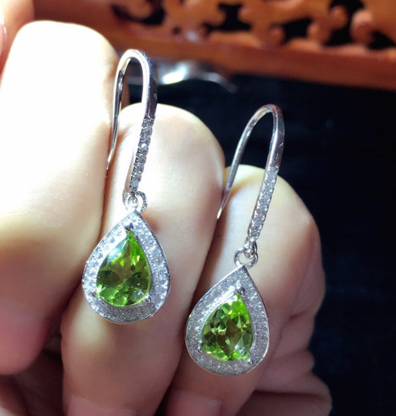 Natural Peridot Earrings Birthstone Earrings White Gold Plated S925 Sterling Silver Peridot Earrings Natural Peridot Jewelry