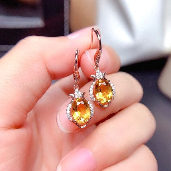 Natural Citrine Earrings / Citrine Jewelry / Rose Gold Plated S925 Sterling Silver Citrine Earrings / Engagement / Wedding
