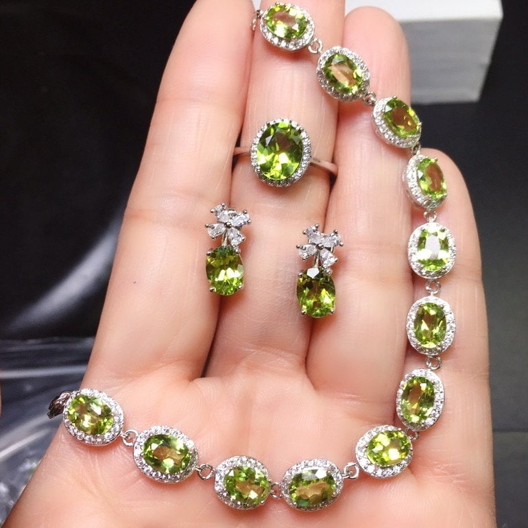 Natural Peridot Jewelry Set Natural Peridot Ring Earrings Bracelet
