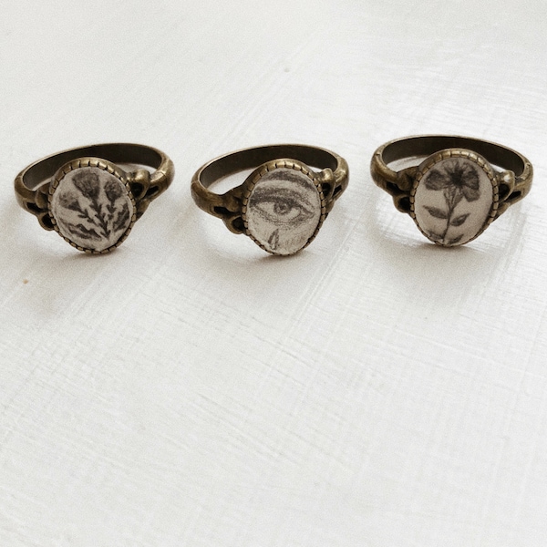 Set of Three, or individual miniature hand drawn Rings, size small Vintage aesthetic, dark academia, spooky,witchy vibes, Victorian style