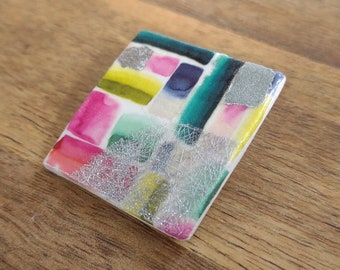Abstract multi-coloured brooch pin. Gift accessories jewellery for her. Handmade clay decoupage brooch.