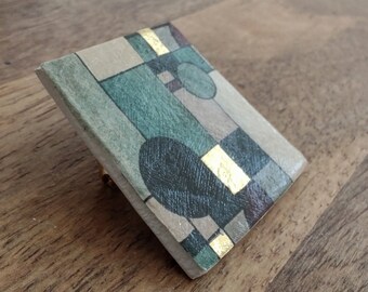 Retro abstract art brooch pin. Handmade clay decoupage and gold foil design. Unique gift for him or her.