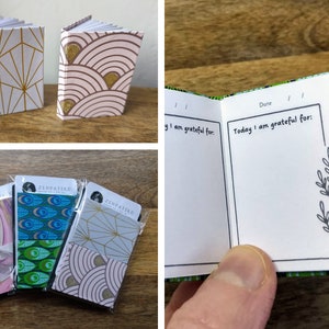 Miniature Gratitude Journals. Set of 2 functional handmade hard back tiny books for mindful relaxation gift.